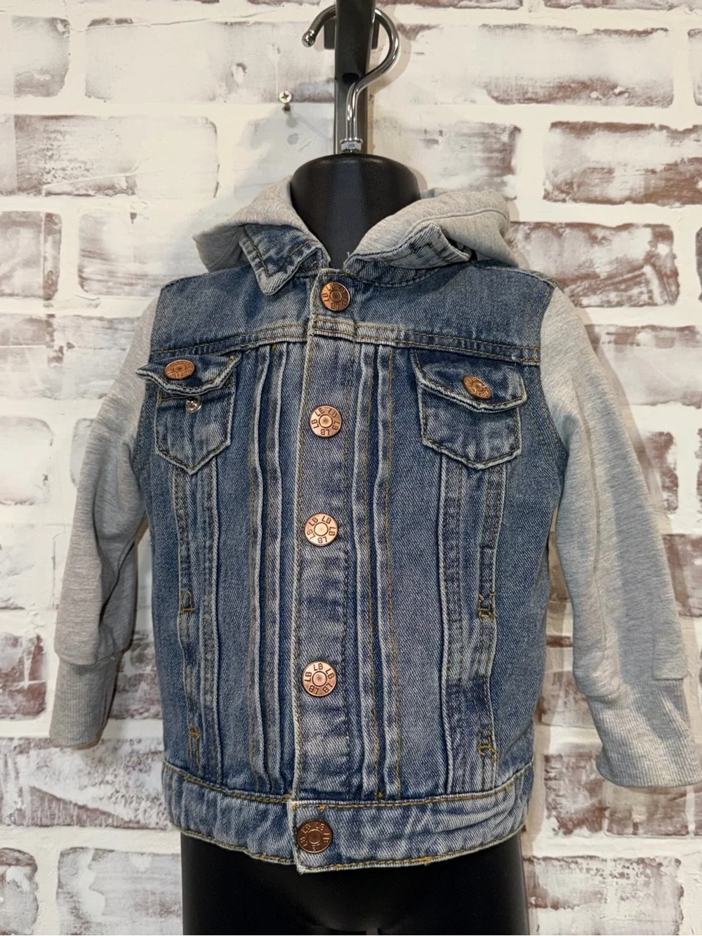 Little Bipsy Blue Denim Jacket with Gray Hoodie Sleeves 6/12m